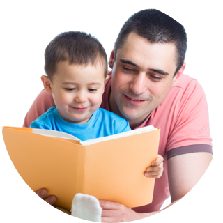 Man and boy reading book